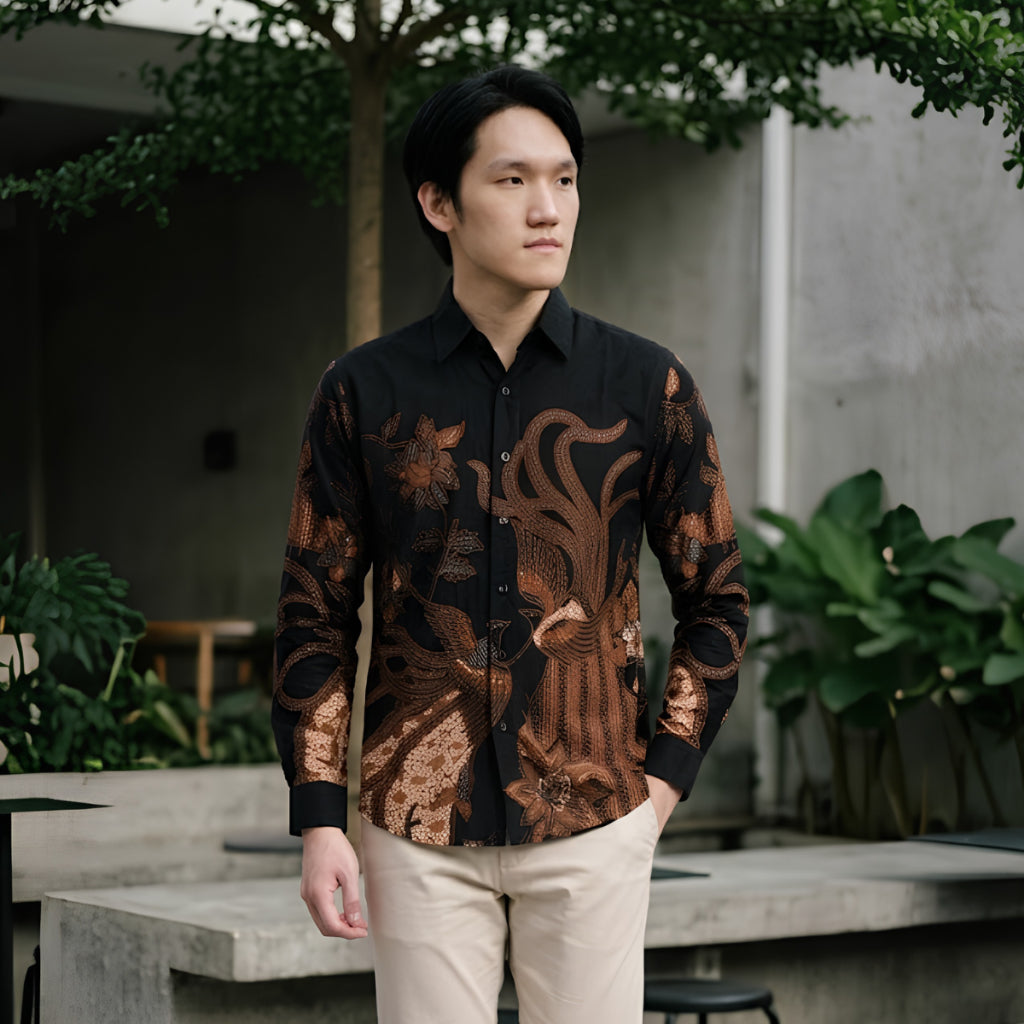 Odza Kemeja Batik Pria Slim Fit Lengan Panjang Katun Premium Baju Kerja Kondangan Hanusa Hitam Cream