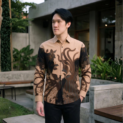 Odza Kemeja Batik Pria Slim Fit Lengan Panjang Katun Premium Baju Kerja Kondangan Hanusa Hitam Cream