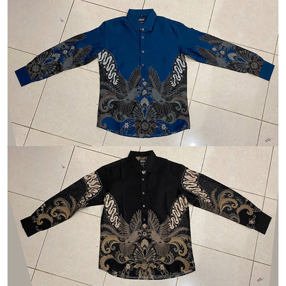 Odza Kemeja Batik Pria Slim Fit Lengan Panjang Katun Premium Baju Kerja Kondangan Modern Cakrabuana Biru Hitam