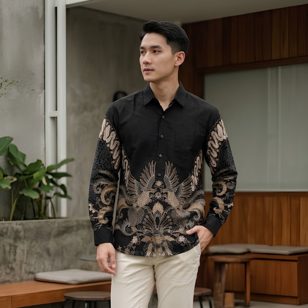 Odza Kemeja Batik Pria Slim Fit Lengan Panjang Katun Premium Baju Kerja Kondangan Modern Ganesha Hitam Biru