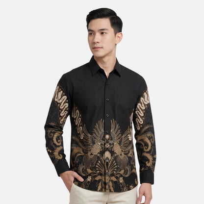 Odza Batik Couple Set Kemeja Pria Lengan Panjang Rok Lilit Wanita Katun Premium Kondangan Seragam Modern Renatisa Hitam