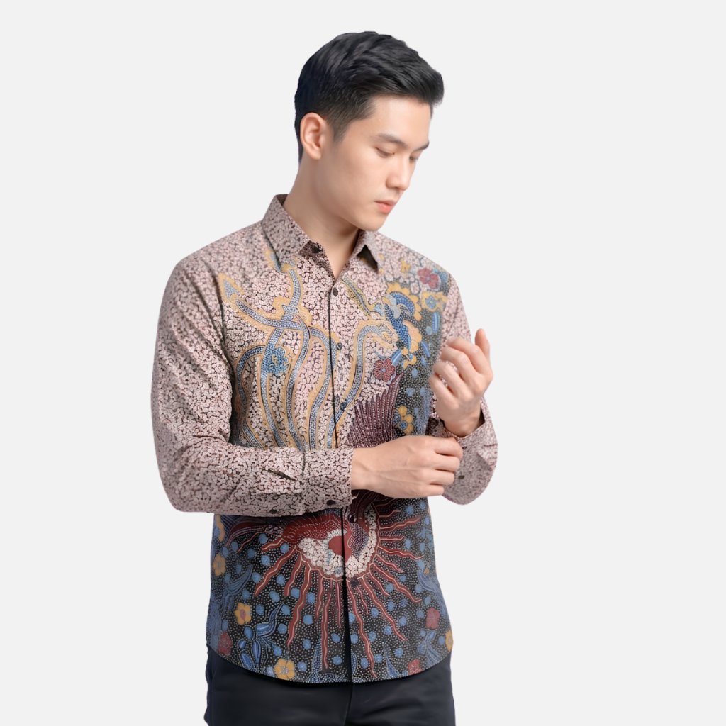 Odza Kemeja Batik Pria Slim Fit Lengan Panjang Katun Premium Baju Kerja Kondangan Motif Burung Gaharu Coklat Cream