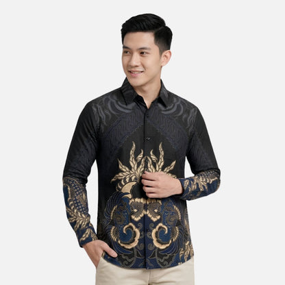 Odza Kemeja Batik Pria Slim Fit Lengan Panjang Katun Premium Baju Kerja Kondangan Modern Dariafa Hitam Cream