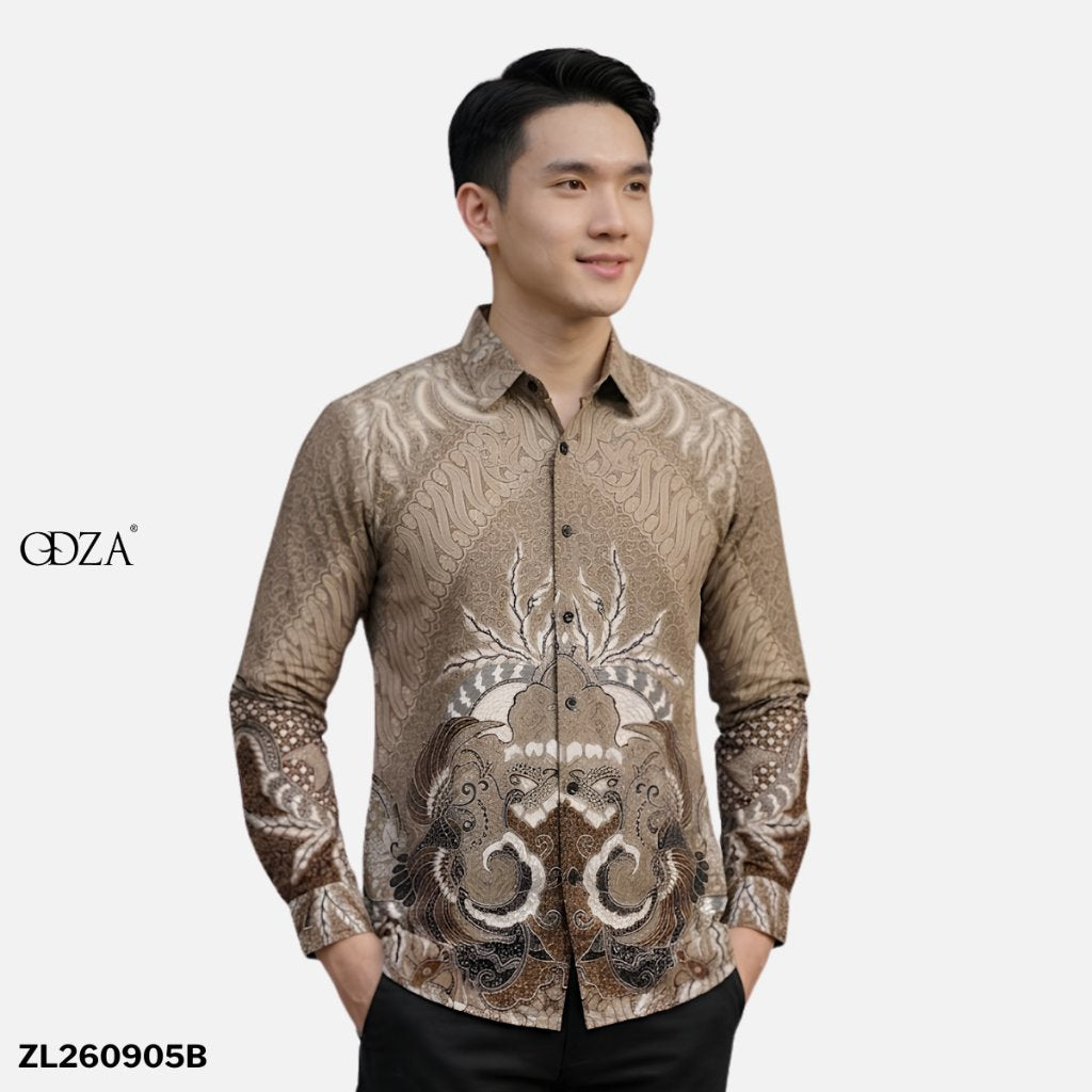 Odza Kemeja Batik Pria Slim Fit Lengan Panjang Katun Premium Baju Kerja Kondangan Modern Arisha Cream Hitam