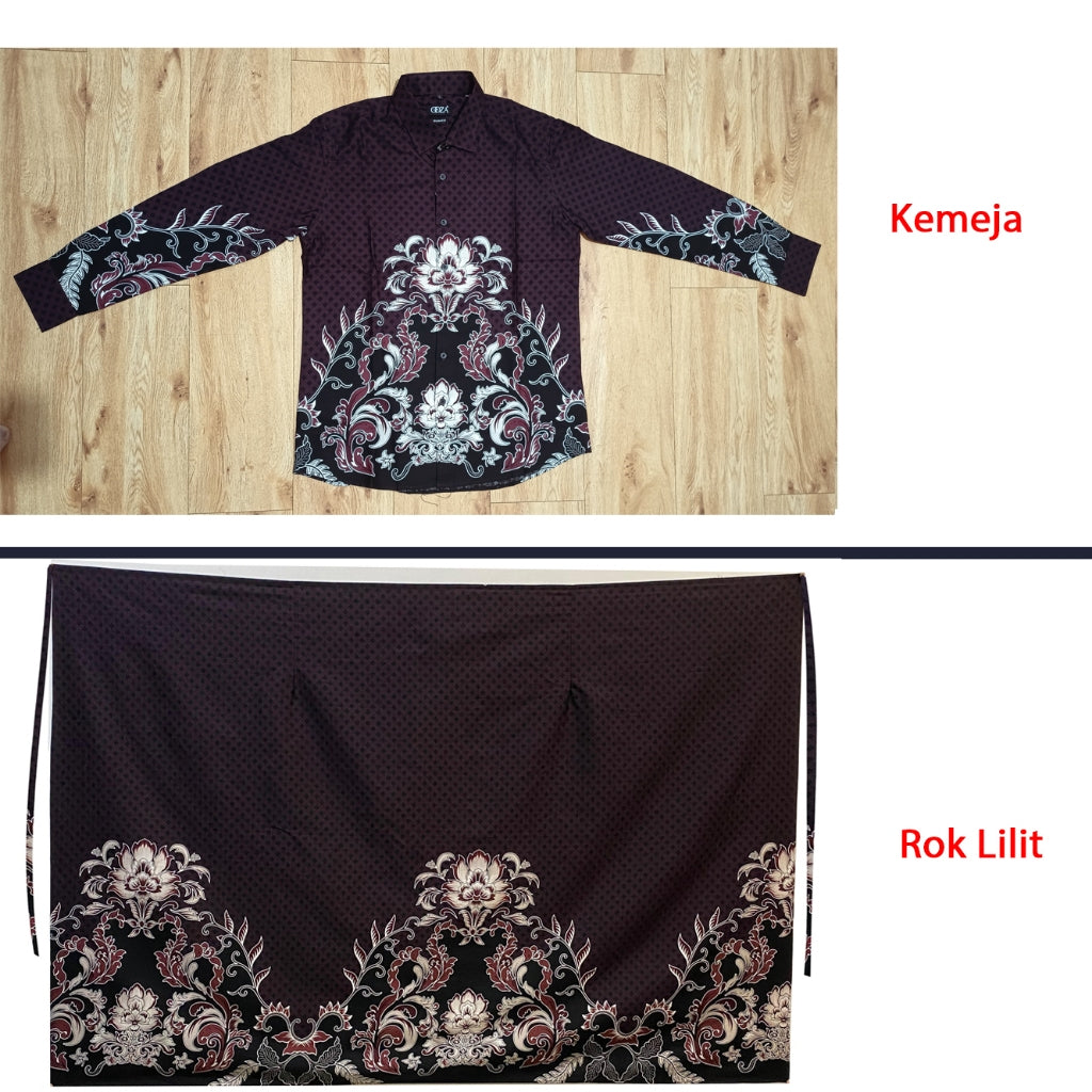 Set Kemeja Batik Couple Rok Lilit Kebaya Jumputan Pria Wanita Lengan Panjang Hitam Halmara