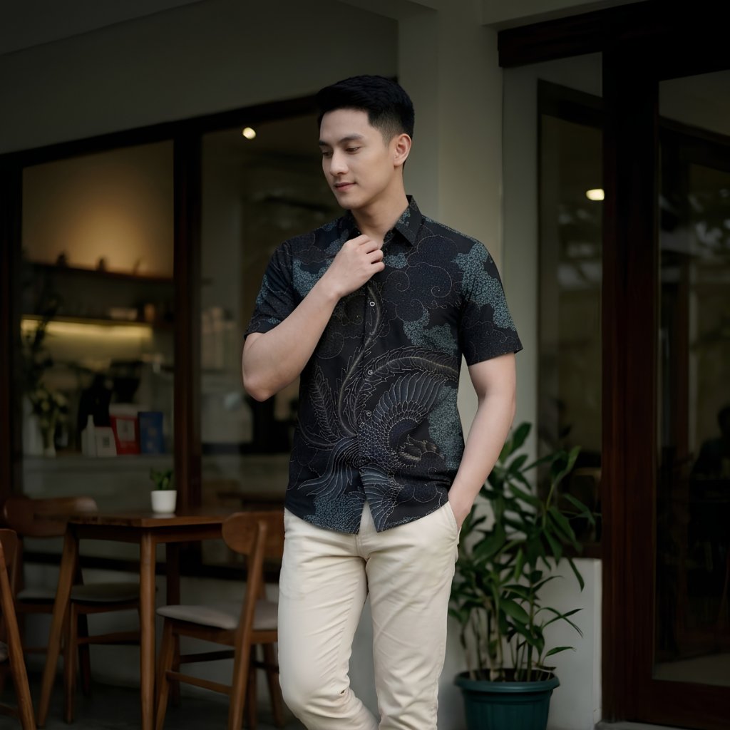 Odza Kemeja Batik Pria Slim Fit Lengan Pendek Katun Premium Baju Kerja Seragam Kantor Yasawirya Hijau Hitam