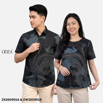 Odza Batik Couple Set Kemeja Pria Blouse Wanita Lengan Pendek Katun Premium Kondangan Modern Kivandra Hitam