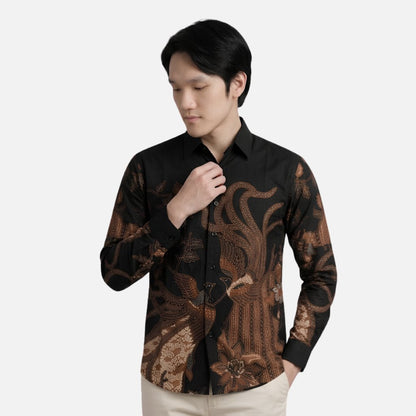 Odza Kemeja Batik Pria Slim Fit Lengan Panjang Katun Premium Baju Kerja Kondangan Hanusa Hitam Cream