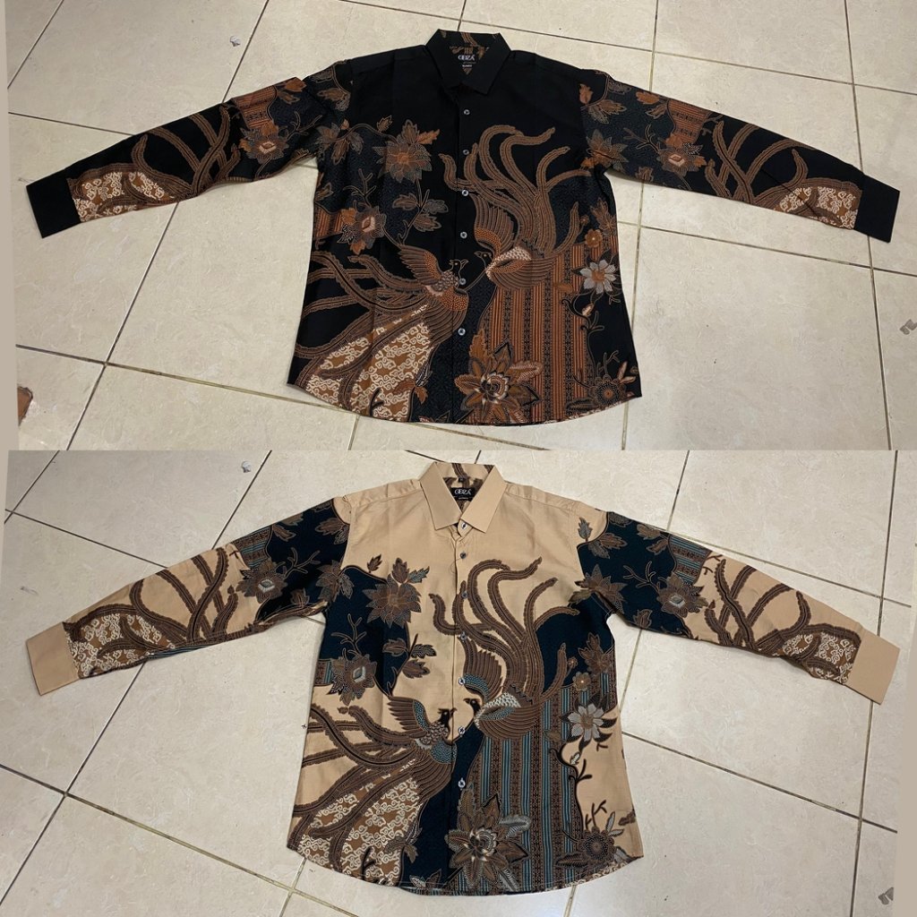 Odza Kemeja Batik Pria Slim Fit Lengan Panjang Katun Premium Baju Kerja Kondangan Modern Delangka Cream Hitam