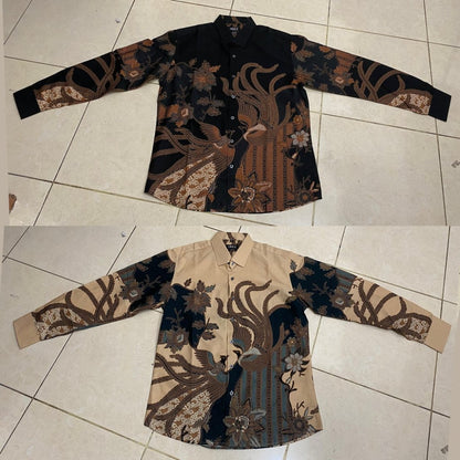 Odza Kemeja Batik Pria Slim Fit Lengan Panjang Katun Premium Baju Kerja Kondangan Modern Delangka Cream Hitam