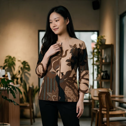 Odza Batik Couple Set Kemeja Pria Blouse Wanita Lengan Panjang 7/8 Slim Fit Katun Premium Seragam Keluarga Modern Aswana Cream