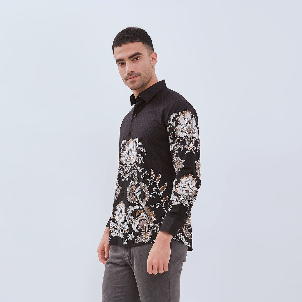 Set Kemeja Lengan Panjang Rok Lilit Couple Batik Kebaya Jumputan Pria Wanita Hitam Hanusa