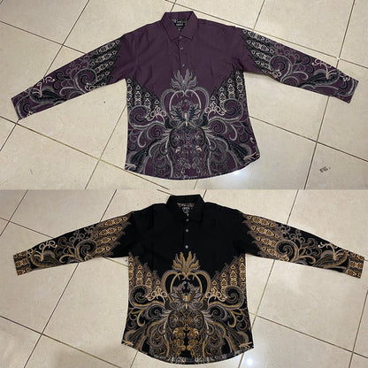 Odza Kemeja Batik Pria Slim Fit Lengan Panjang Katun Premium Baju Kerja Kondangan Priyatama Hitam Ungu