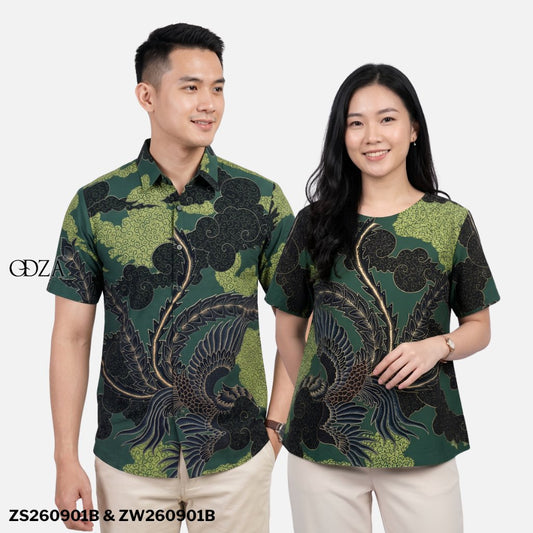Odza Batik Couple Set Kemeja Pria Blouse Wanita Lengan Pendek Katun Premium Kondangan Modern Rasendiya Hijau