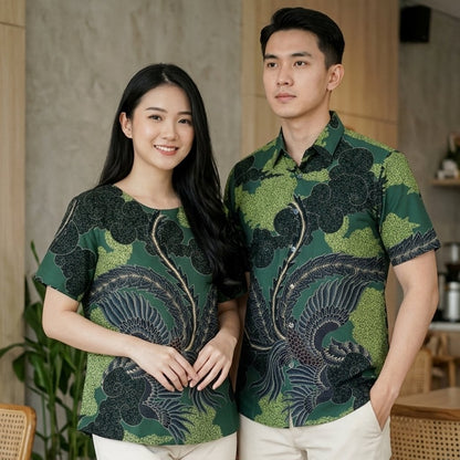 Odza Batik Couple Set Kemeja Pria Blouse Wanita Lengan Pendek Katun Premium Kondangan Modern Rasendiya Hijau