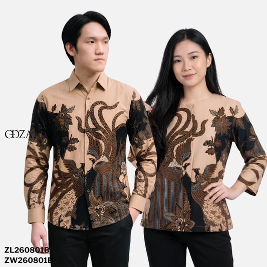 Odza Batik Couple Set Kemeja Pria Blouse Wanita Lengan Panjang 7/8 Slim Fit Katun Premium Seragam Keluarga Modern Aswana Cream