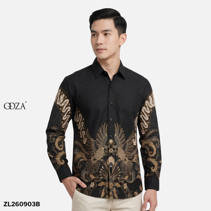 Odza Kemeja Batik Pria Slim Fit Lengan Panjang Katun Premium Baju Kerja Kondangan Modern Cakrabuana Biru Hitam