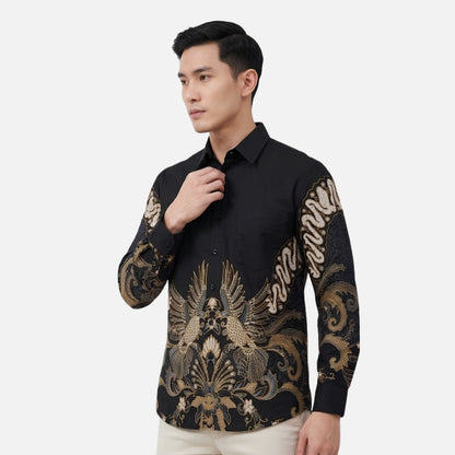 Odza Kemeja Batik Pria Slim Fit Lengan Panjang Katun Premium Baju Kerja Kondangan Modern Ganesha Hitam Biru