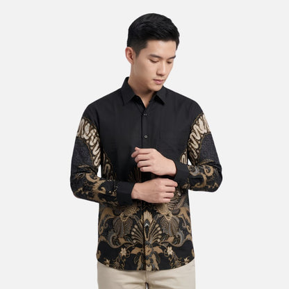 Odza Kemeja Batik Pria Slim Fit Lengan Panjang Katun Premium Baju Kerja Kondangan Modern Ganesha Hitam Biru