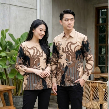 Odza Batik Couple Set Kemeja Pria Blouse Wanita Lengan Panjang 7/8 Slim Fit Katun Premium Seragam Keluarga Modern Aswana Cream