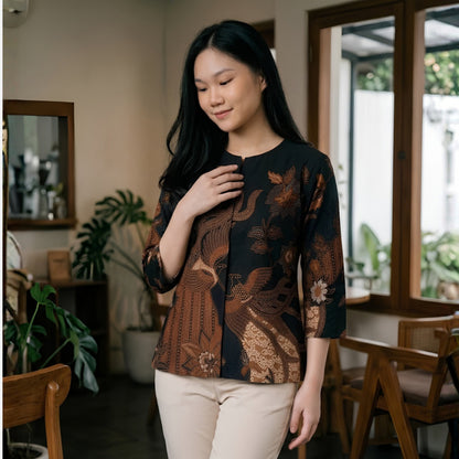 Odza Blouse Batik Wanita Lengan 7/8 Atasan Kemeja Kerja Kondangan Modern Katun Premium Keitara Hitam Cream