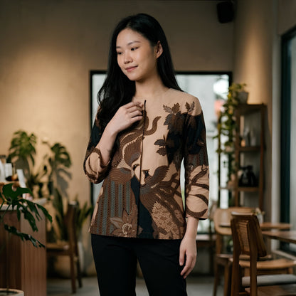 Odza Blouse Batik Wanita Lengan 7/8 Atasan Kemeja Kerja Kondangan Modern Katun Premium Adiraga Cream Hitam