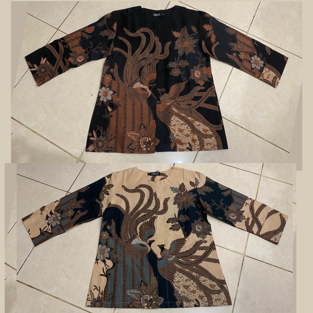 Odza Blouse Batik Wanita Lengan 7/8 Atasan Kemeja Kerja Kondangan Modern Katun Premium Adiraga Cream Hitam