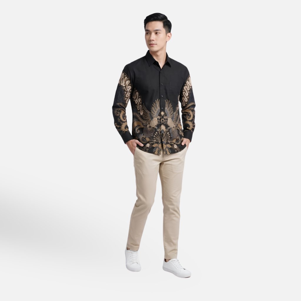 Odza Kemeja Batik Pria Slim Fit Lengan Panjang Katun Premium Baju Kerja Kondangan Modern Cakrabuana Biru Hitam