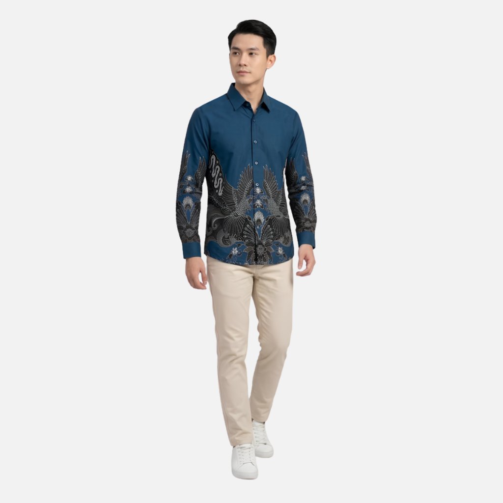 Odza Kemeja Batik Pria Slim Fit Lengan Panjang Katun Premium Baju Kerja Kondangan Modern Ganesha Hitam Biru
