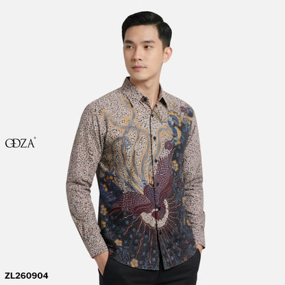 Odza Kemeja Batik Pria Slim Fit Lengan Panjang Katun Premium Baju Kerja Kondangan Motif Burung Gaharu Coklat Cream