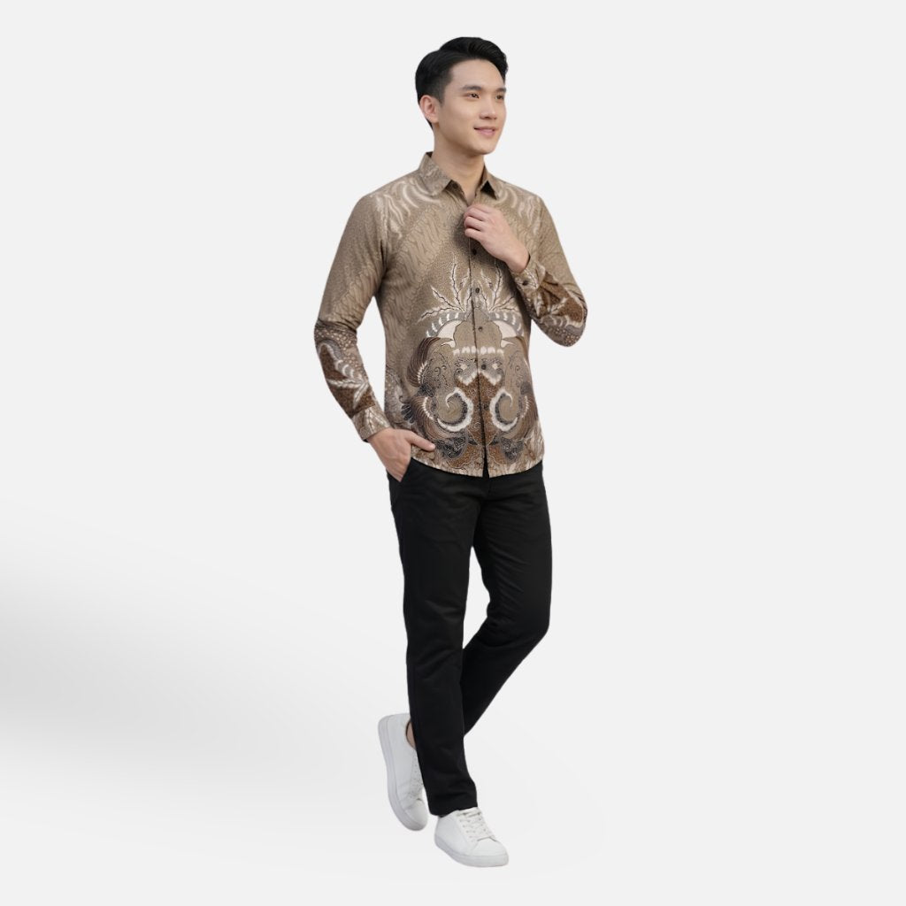 Odza Kemeja Batik Pria Slim Fit Lengan Panjang Katun Premium Baju Kerja Kondangan Modern Arisha Cream Hitam