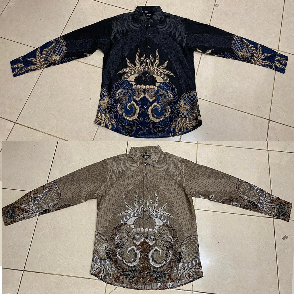 Odza Kemeja Batik Pria Slim Fit Lengan Panjang Katun Premium Baju Kerja Kondangan Modern Arisha Cream Hitam