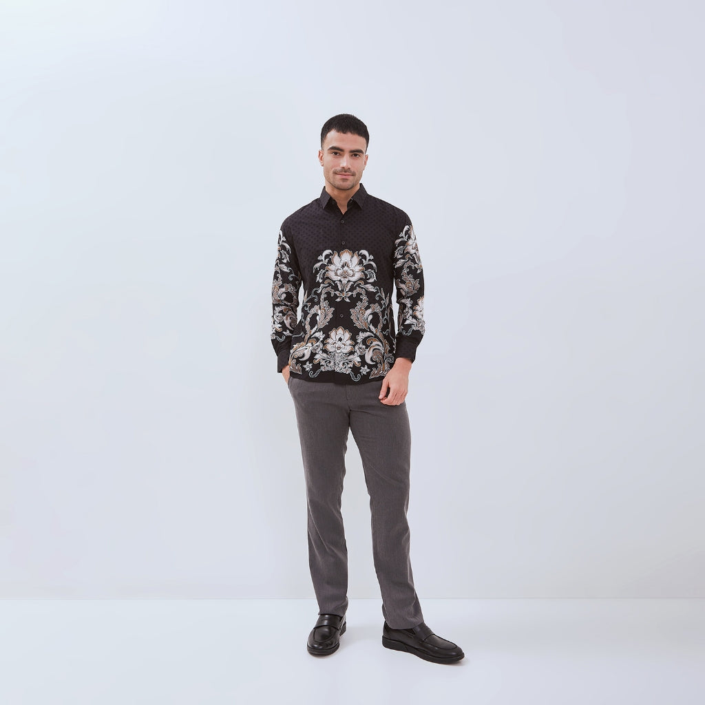 Set Kemeja Lengan Panjang Rok Lilit Couple Batik Kebaya Jumputan Pria Wanita Hitam Hanusa