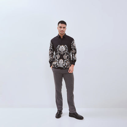 Set Kemeja Lengan Panjang Rok Lilit Couple Batik Kebaya Jumputan Pria Wanita Hitam Hanusa