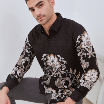 Set Kemeja Lengan Panjang Rok Lilit Couple Batik Kebaya Jumputan Pria Wanita Hitam Hanusa