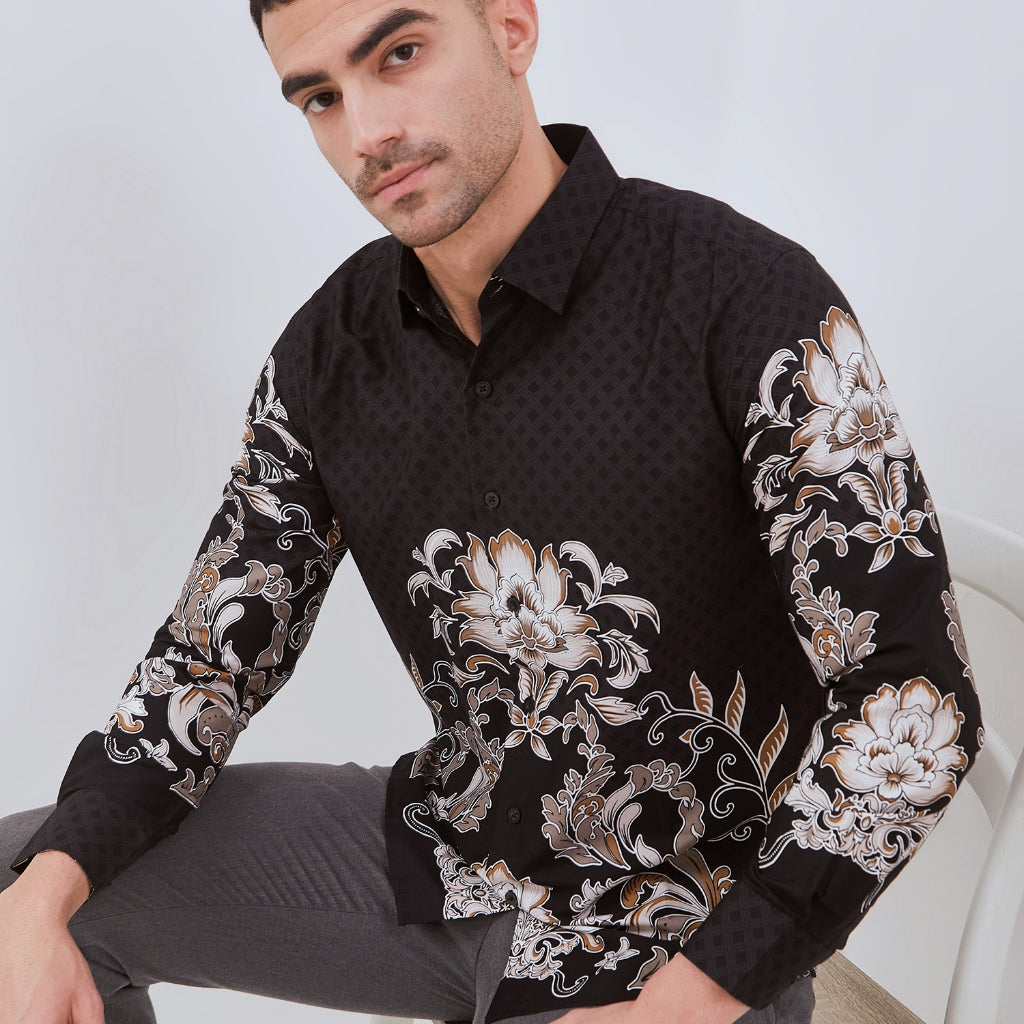 Set Kemeja Lengan Panjang Rok Lilit Couple Batik Kebaya Jumputan Pria Wanita Hitam Hanusa