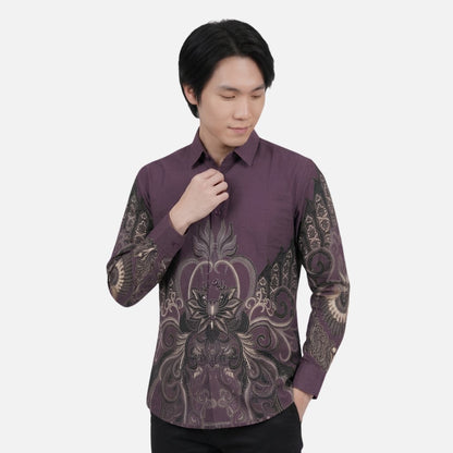 Odza Kemeja Batik Pria Slim Fit Lengan Panjang Katun Premium Baju Kerja Kondangan Rheyza Ungu Hitam