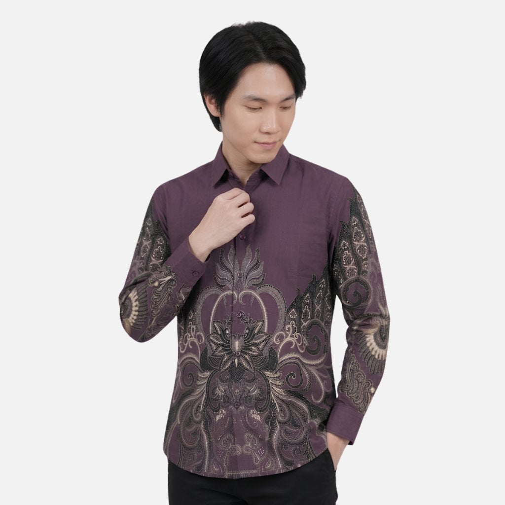 Odza Kemeja Batik Pria Slim Fit Lengan Panjang Katun Premium Baju Kerja Kondangan Priyatama Hitam Ungu