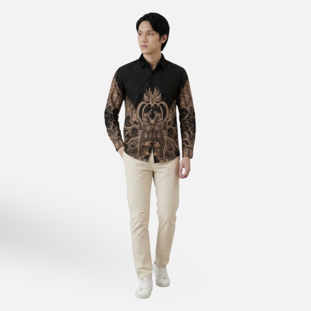Odza Kemeja Batik Pria Slim Fit Lengan Panjang Katun Premium Baju Kerja Kondangan Priyatama Hitam Ungu