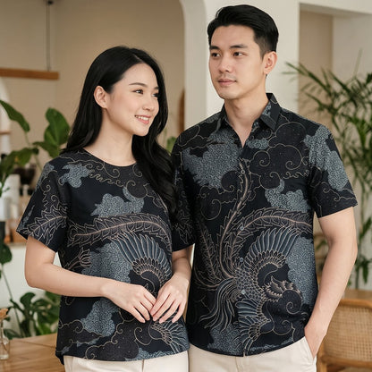 Odza Batik Couple Set Kemeja Pria Blouse Wanita Lengan Pendek Katun Premium Kondangan Modern Kivandra Hitam