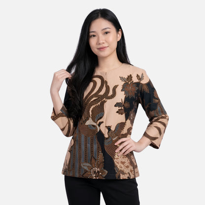 Odza Batik Couple Set Kemeja Pria Blouse Wanita Lengan Panjang 7/8 Slim Fit Katun Premium Seragam Keluarga Modern Aswana Cream