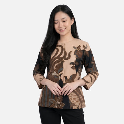 Odza Blouse Batik Wanita Lengan 7/8 Atasan Kemeja Kerja Kondangan Modern Katun Premium Keitara Hitam Cream