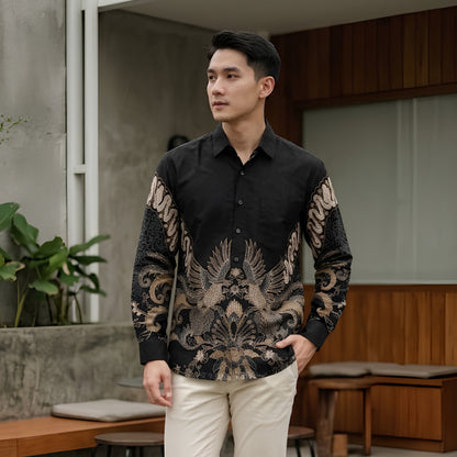 Odza Kemeja Batik Pria Slim Fit Lengan Panjang Katun Premium Baju Kerja Kondangan Modern Cakrabuana Biru Hitam