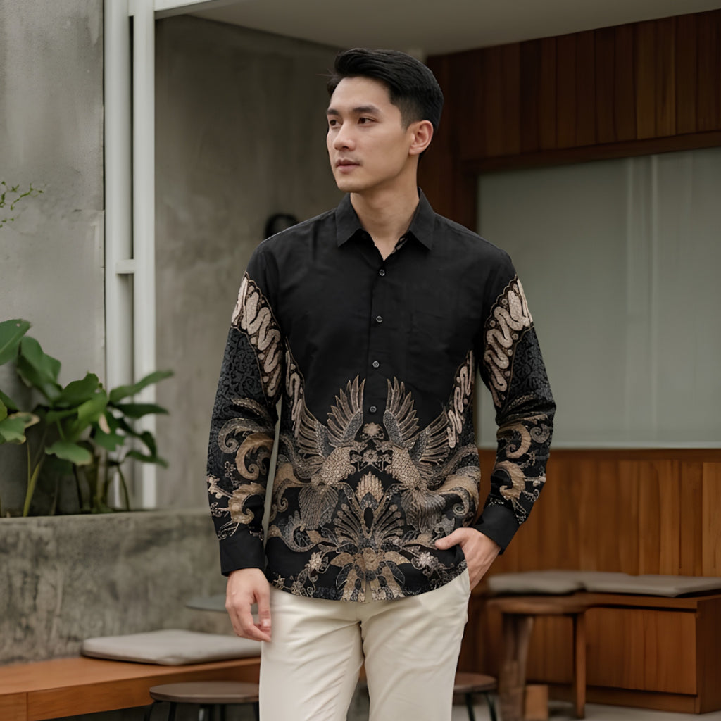Odza Kemeja Batik Pria Slim Fit Lengan Panjang Katun Premium Baju Kerja Kondangan Modern Ganesha Hitam Biru
