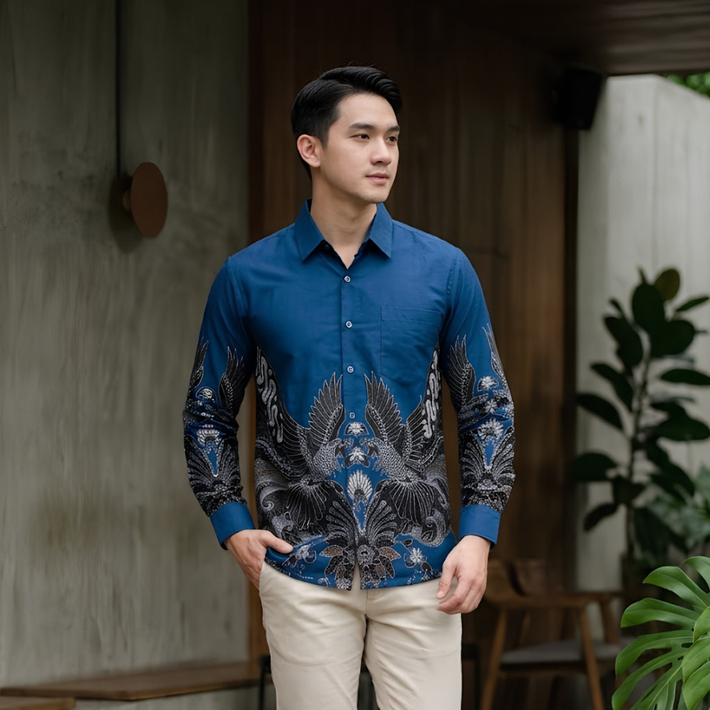 Odza Kemeja Batik Pria Slim Fit Lengan Panjang Katun Premium Baju Kerja Kondangan Modern Cakrabuana Biru Hitam