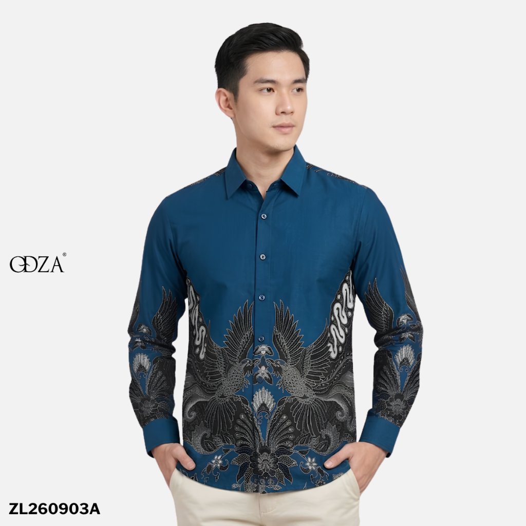 Odza Batik Couple Set Kemeja Pria Lengan Panjang Rok Lilit Wanita Katun Premium Kondangan Seragam Dutiara Biru