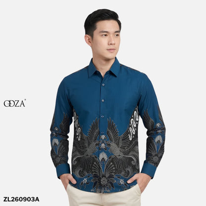 Odza Batik Couple Set Kemeja Pria Lengan Panjang Rok Lilit Wanita Katun Premium Kondangan Seragam Dutiara Biru