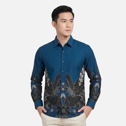 Odza Batik Couple Set Kemeja Pria Lengan Panjang Rok Lilit Wanita Katun Premium Kondangan Seragam Dutiara Biru