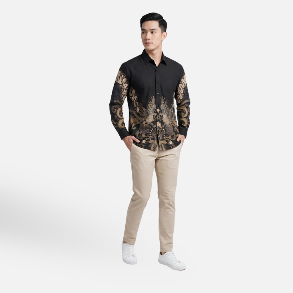 Odza Batik Couple Set Kemeja Pria Lengan Panjang Rok Lilit Wanita Katun Premium Kondangan Seragam Modern Renatisa Hitam