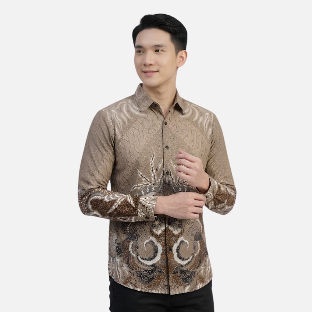 Odza Kemeja Batik Pria Slim Fit Lengan Panjang Katun Premium Baju Kerja Kondangan Modern Dariafa Hitam Cream